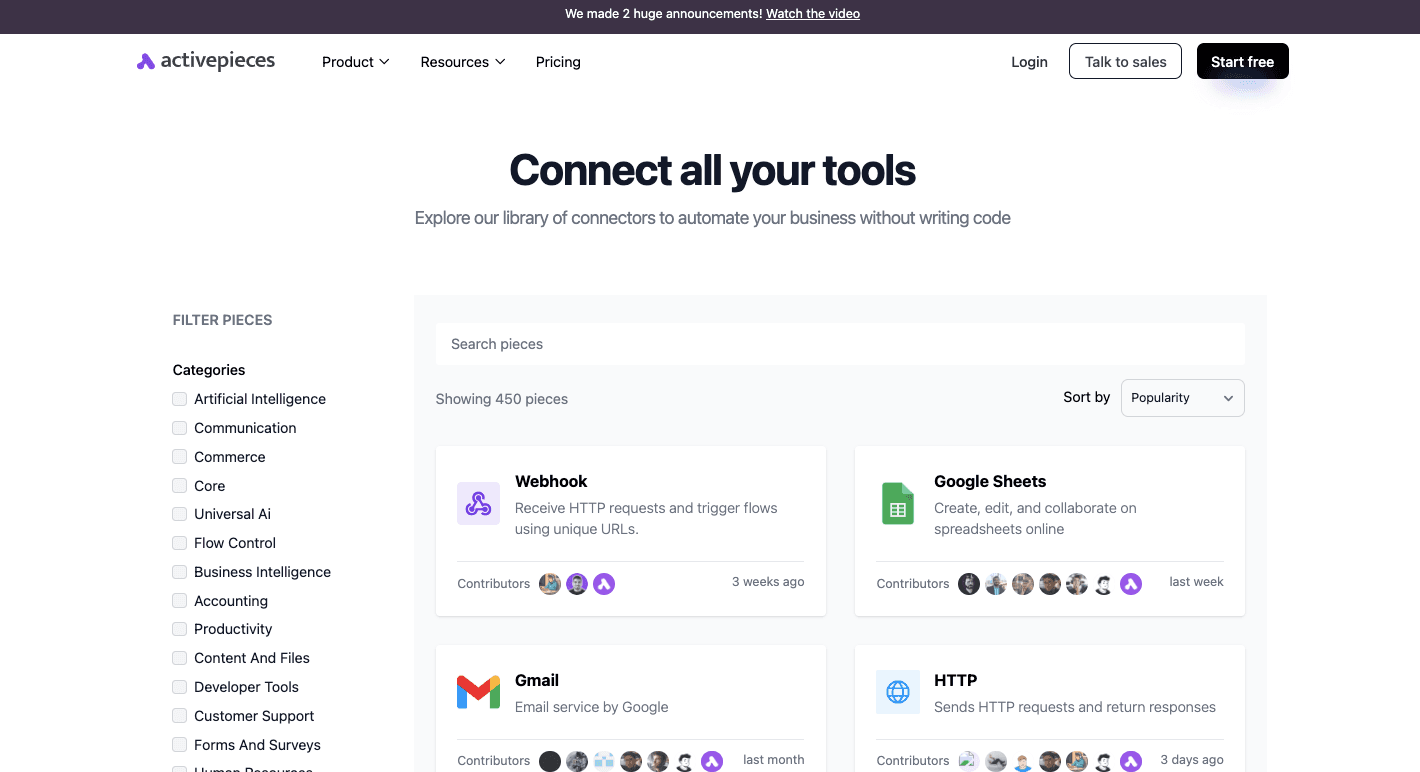 Activepieces 450 integrations