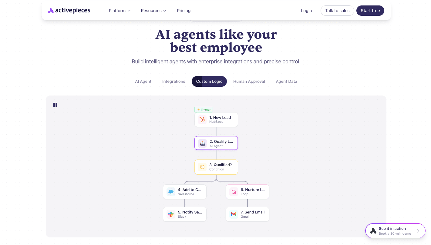 Activepieces AI agents custom logic