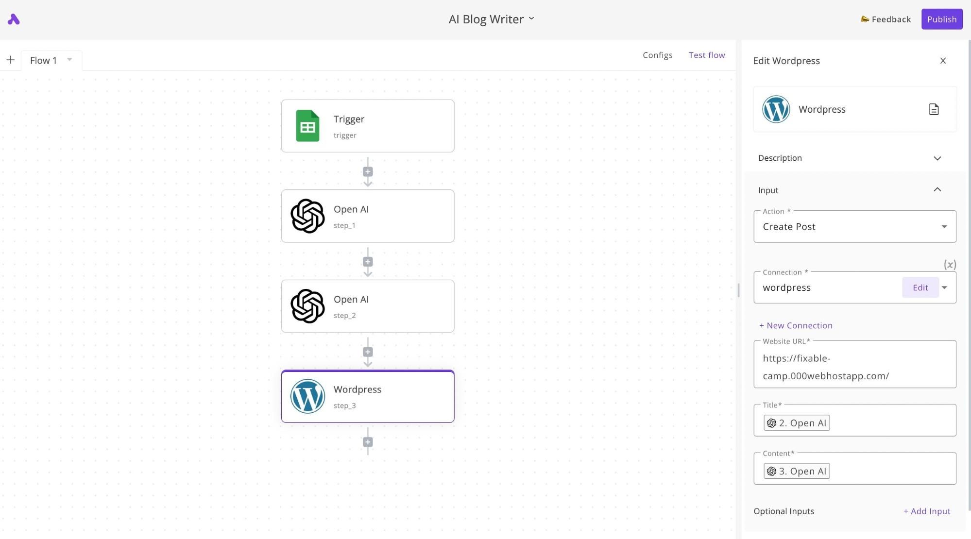 Activepieces AI blog writer workflow builder