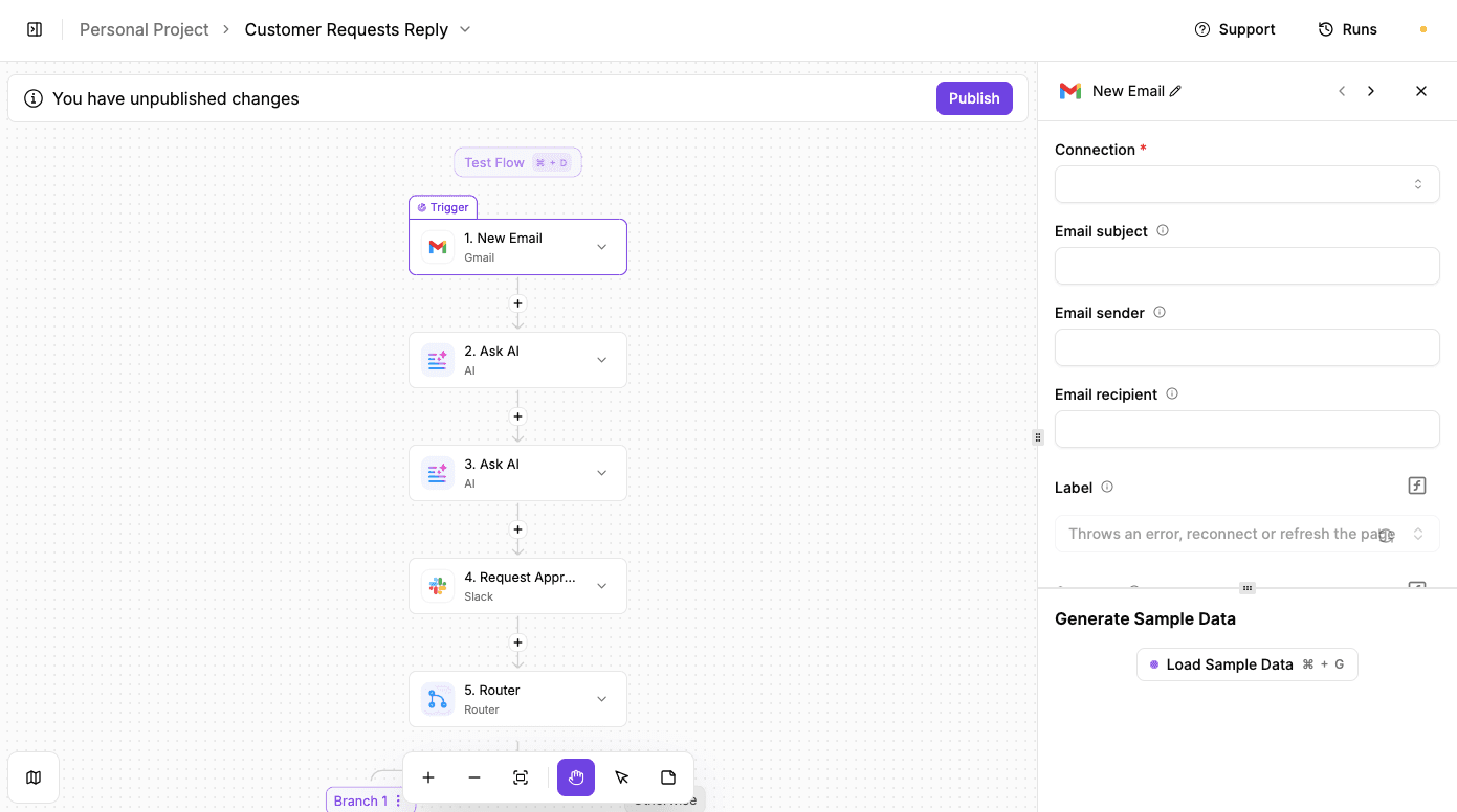 Activepieces customer requests reply workflow