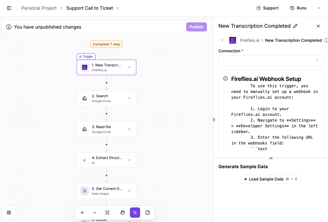 Activepieces support call to ticket worfklow