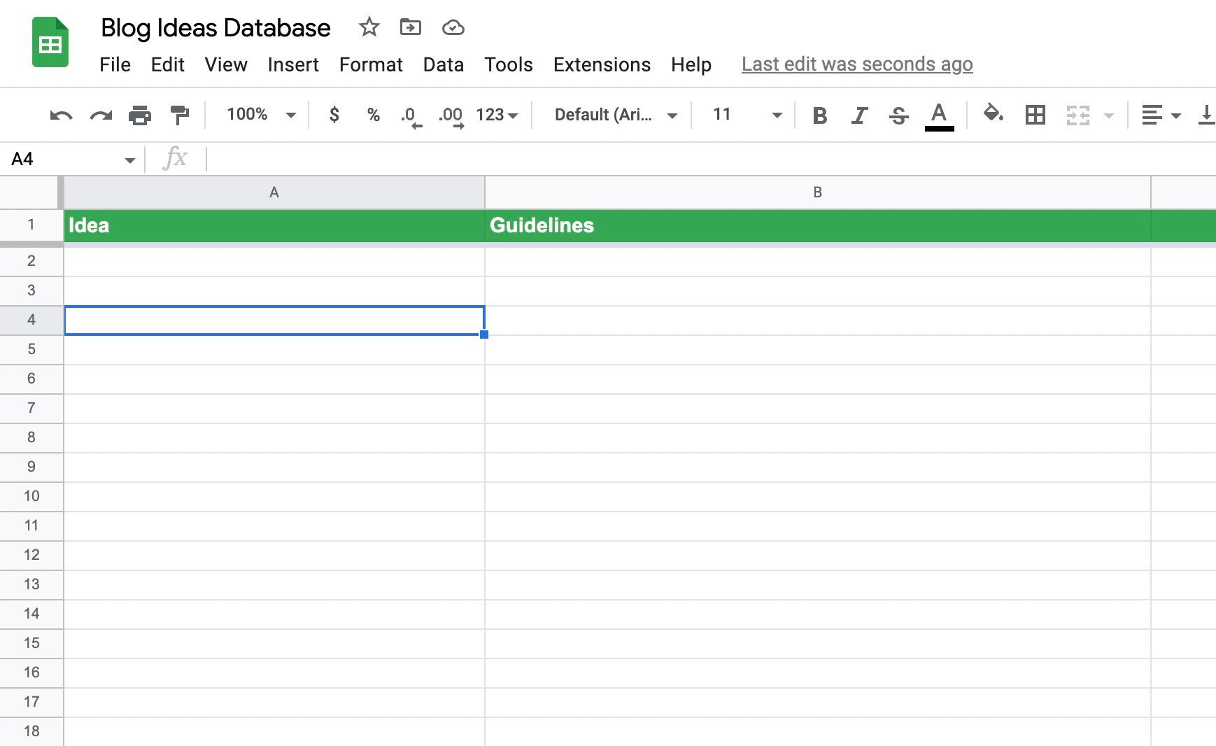 Blog ideas spreadsheet