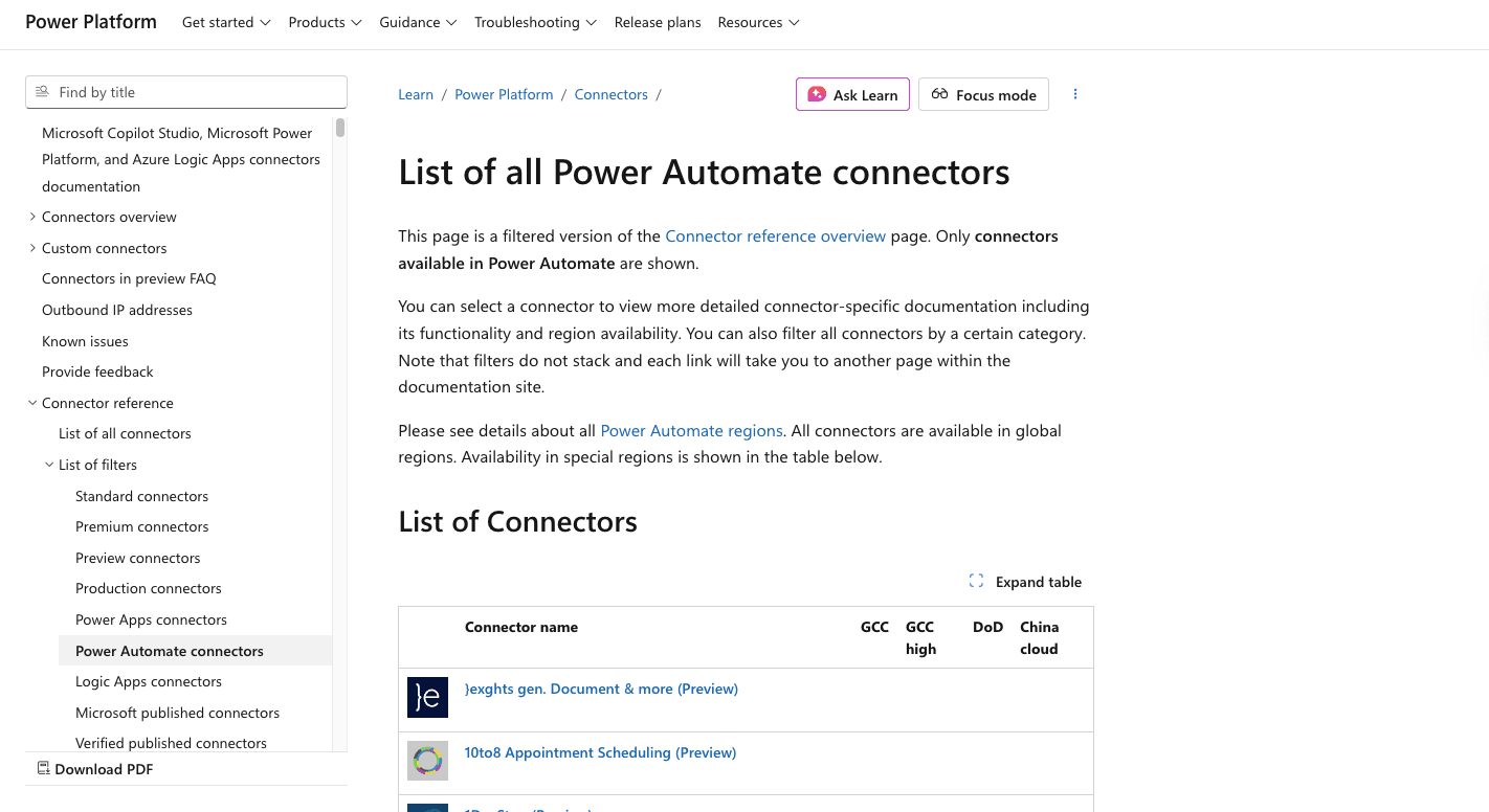 Power Automate connectors
