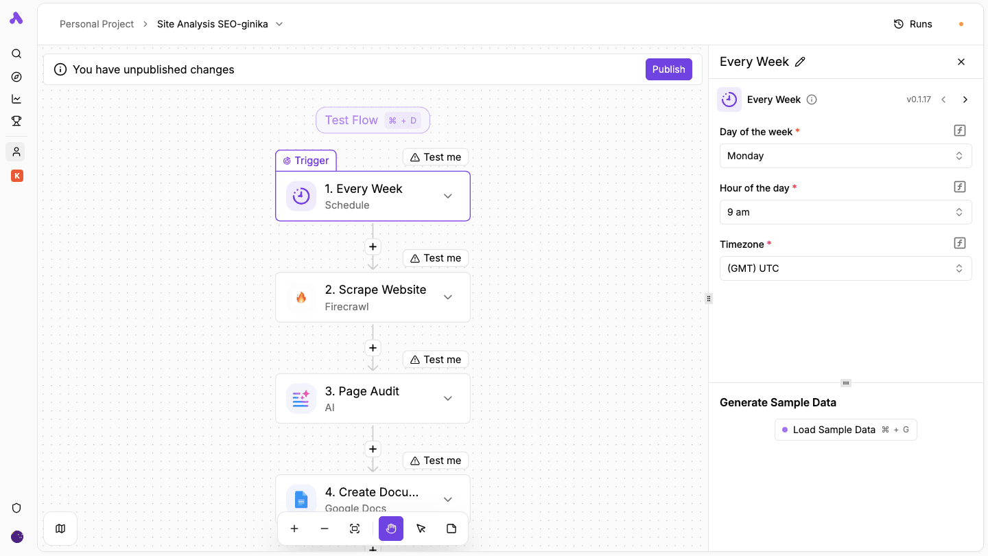 SEO Site Analysis workflow in Activepieces