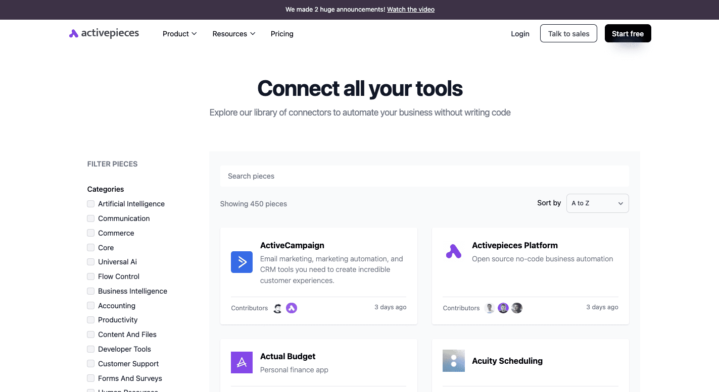 activepieces 450 integrations