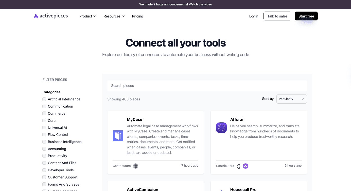 activepieces 460 integrations