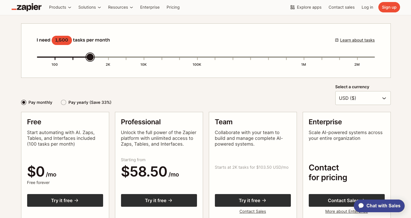 zapier professional plan for 1500 tasks